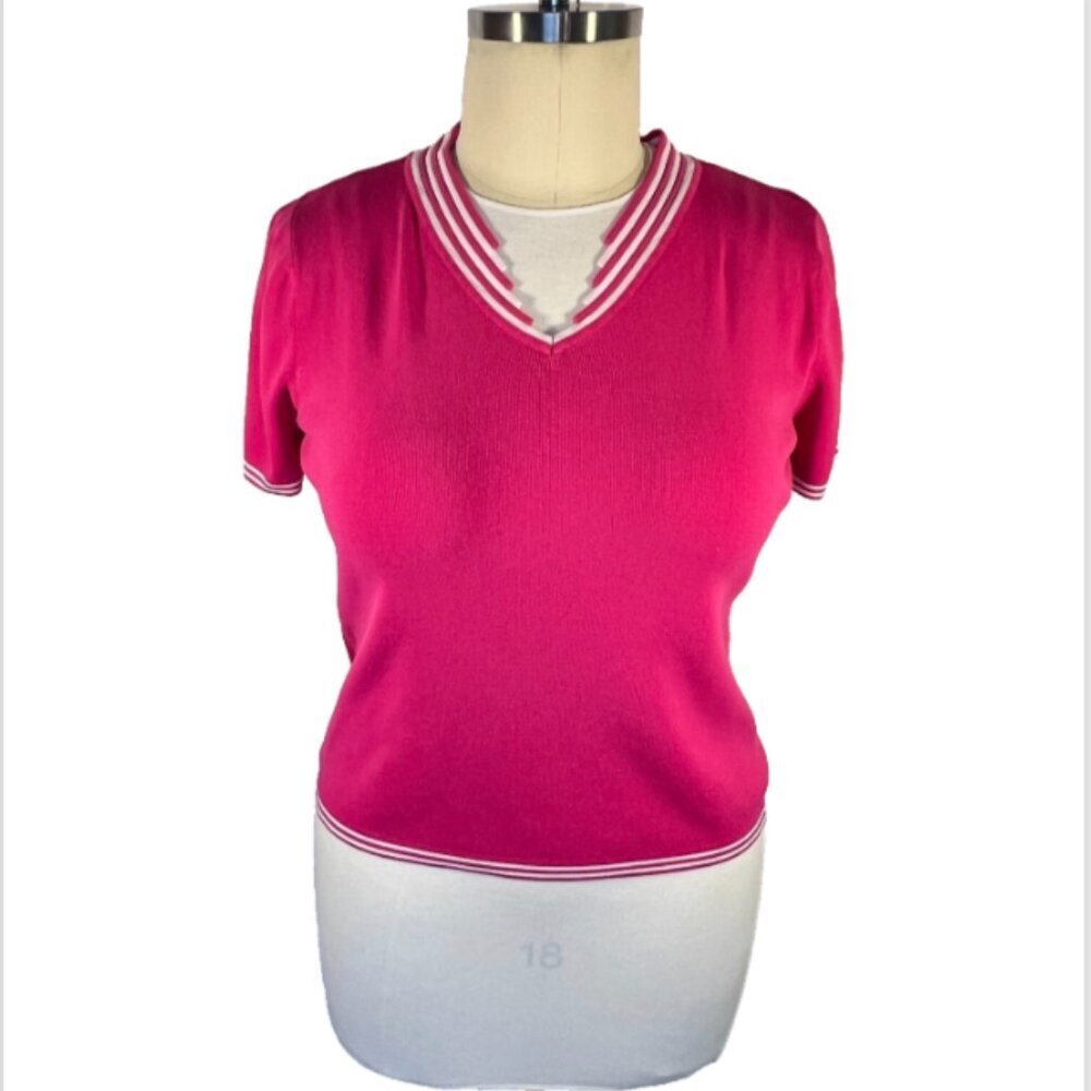 Carducci - Women's 1X Fine Knit Top Short Sleeve Pink and White Preppy V-Neck